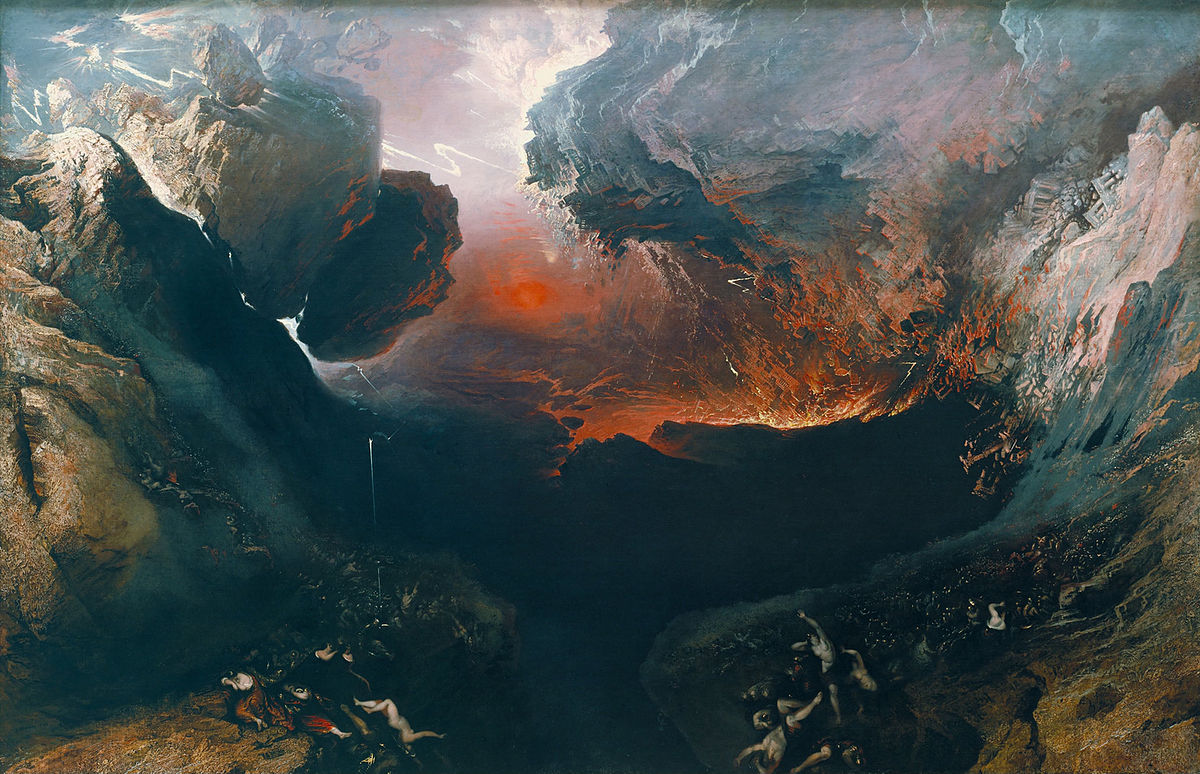 An apocalyptic landscape with dark, swirling clouds and the horizon on fire