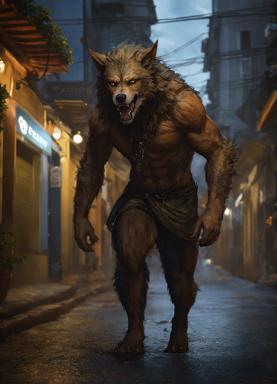 A werewolf in a chain and loincloth, making its way down a modern city street, with power lines in the background of the alley