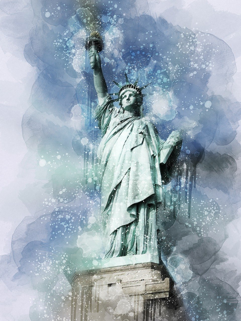 A watercolour painting of the Statue of Liberty, surrounded in bluish, watery splotches