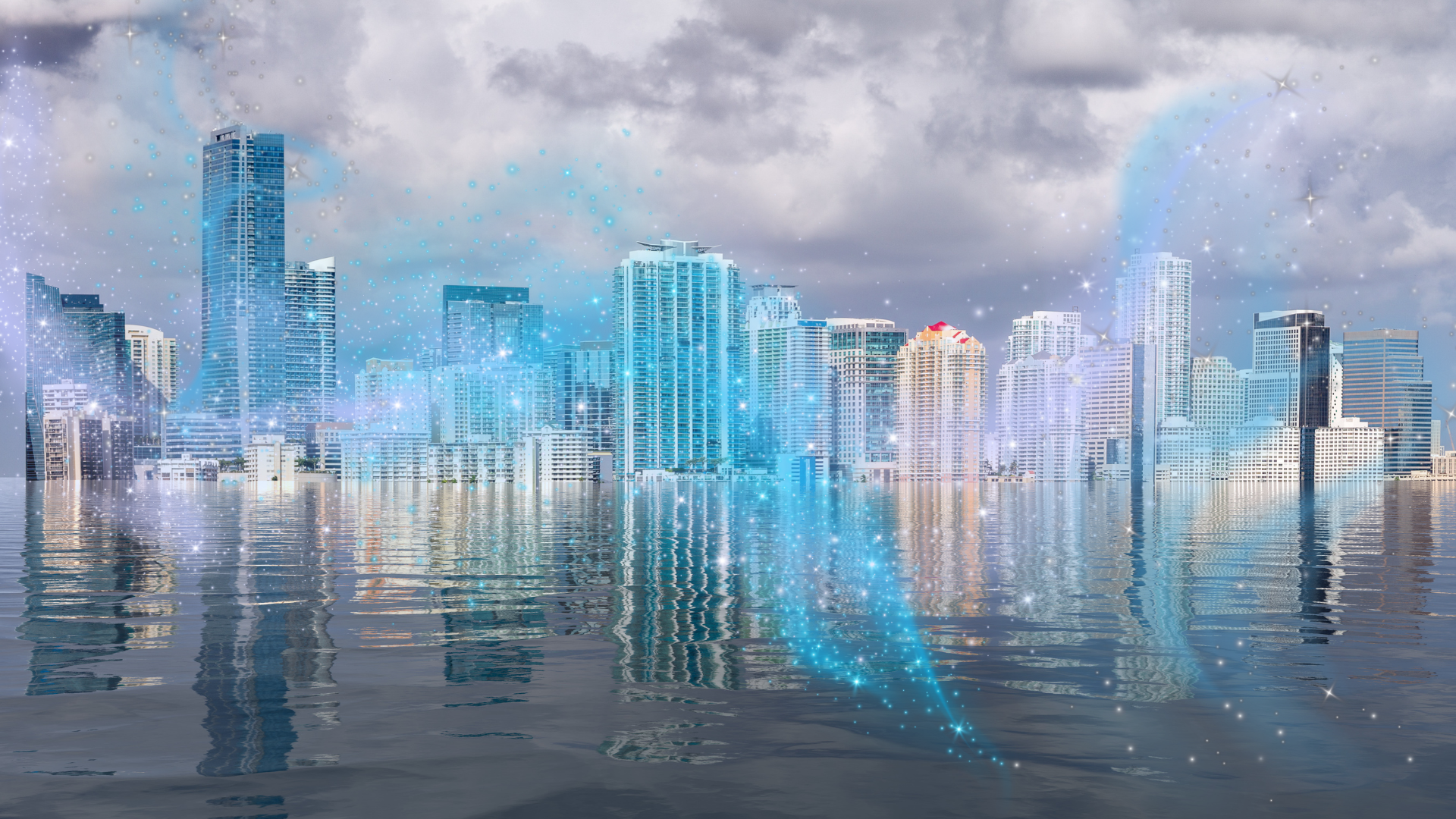 A city skyline rising from the sea, possibly Manhattan, among swirls of lavender and blue sparkling magical energy