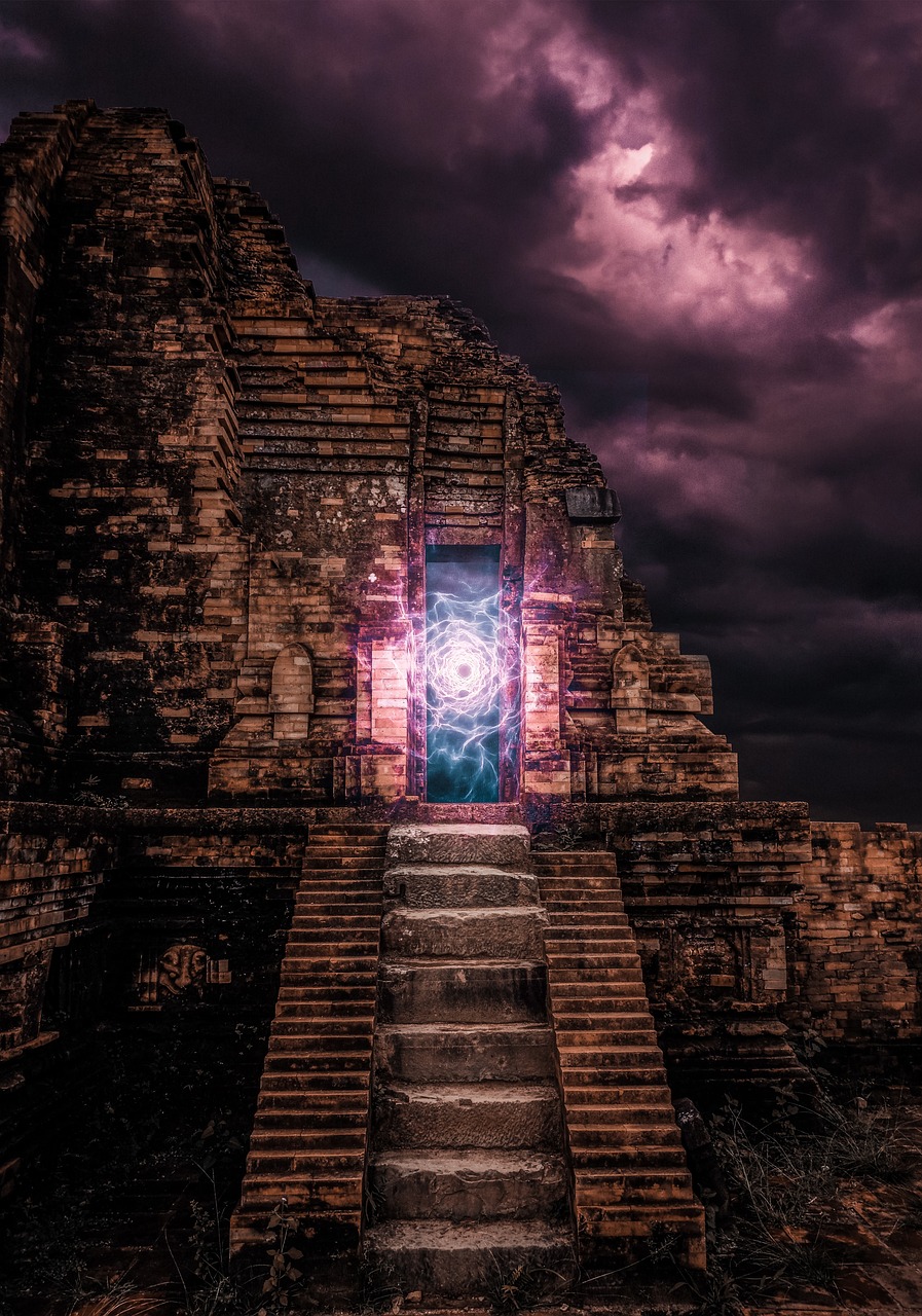 A glowing magical portal in ruins, under a stormy sky