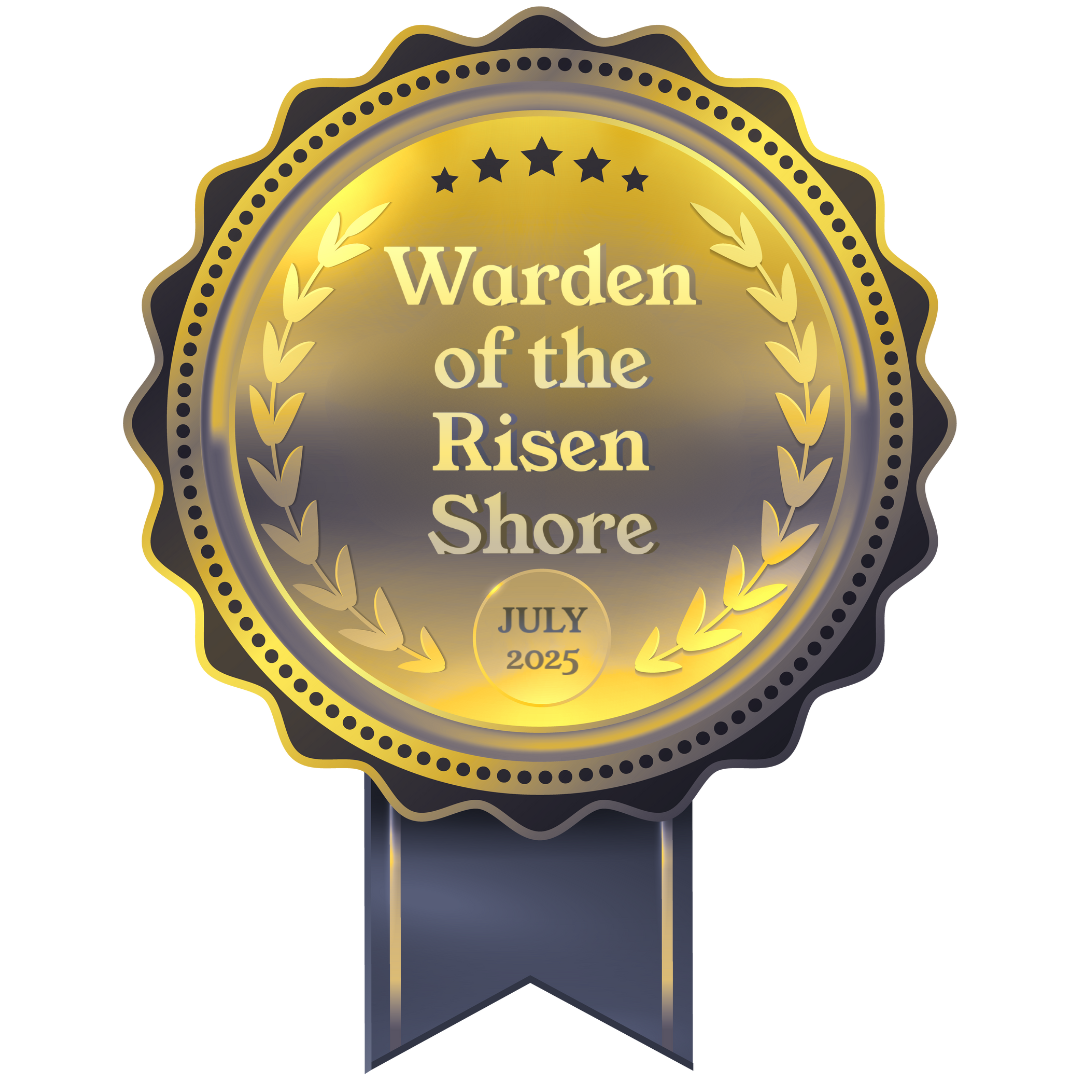 A shining gold medal with a silver ribbon, showing a design of a laurel wreath with stars overhead. Text: Warden of the Risen Shore, and in a circle beneath, July 2025