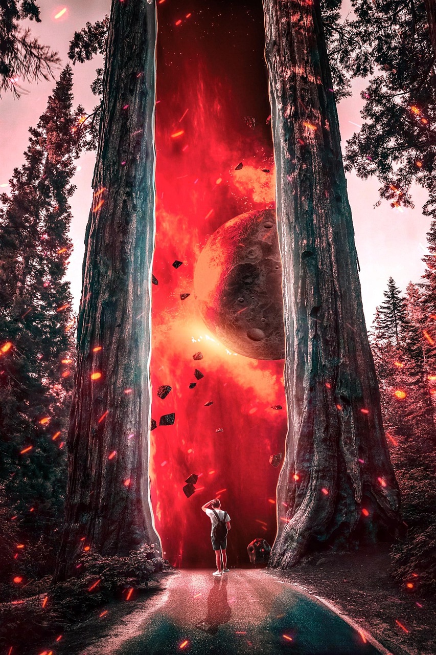A man in shorts and overalls in a forest, looking into a fiery portal between two large trees, through which an apocalyptic space scene is unfolding
