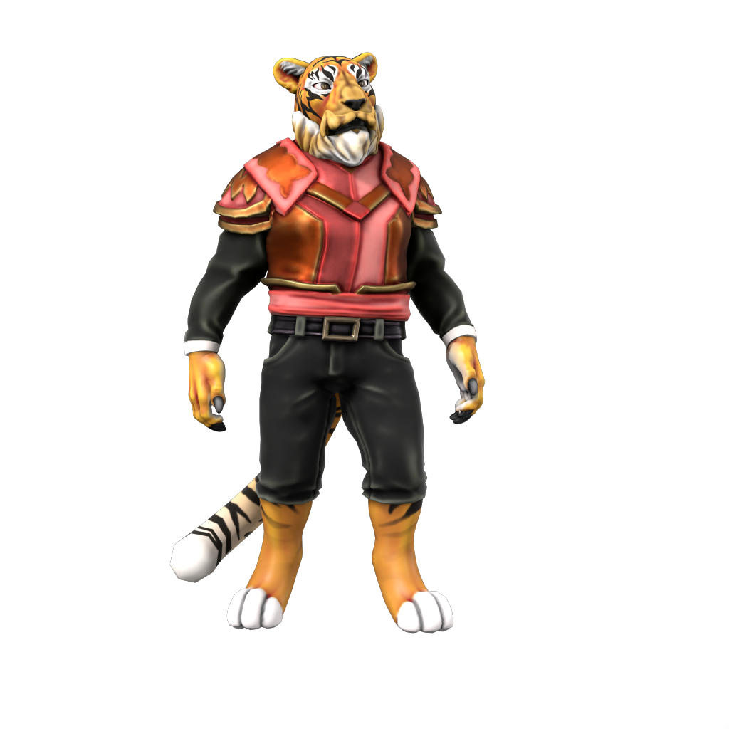 An anthropomorphic tiger with a beard in pink armour