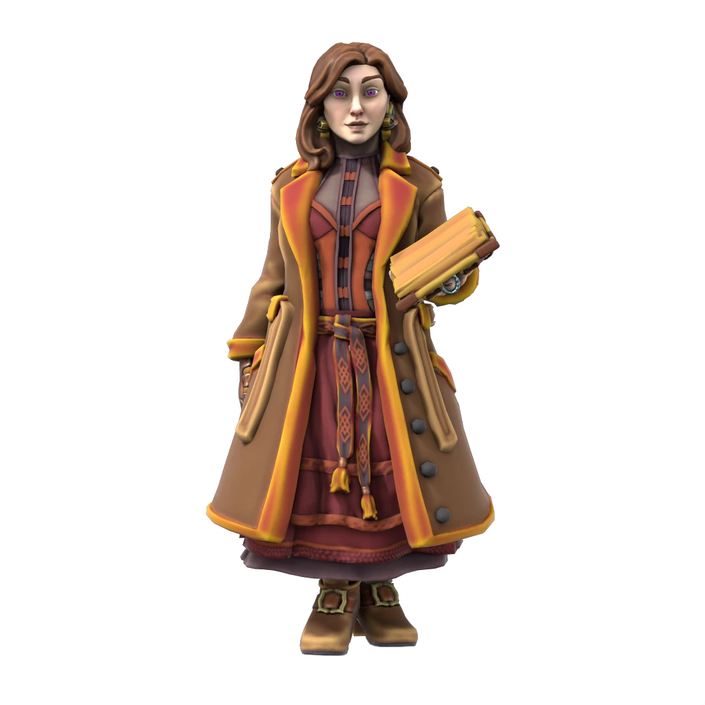 A woman with shoulder length brown hair wearing dress with a trench coat over it and an open book in her hand.