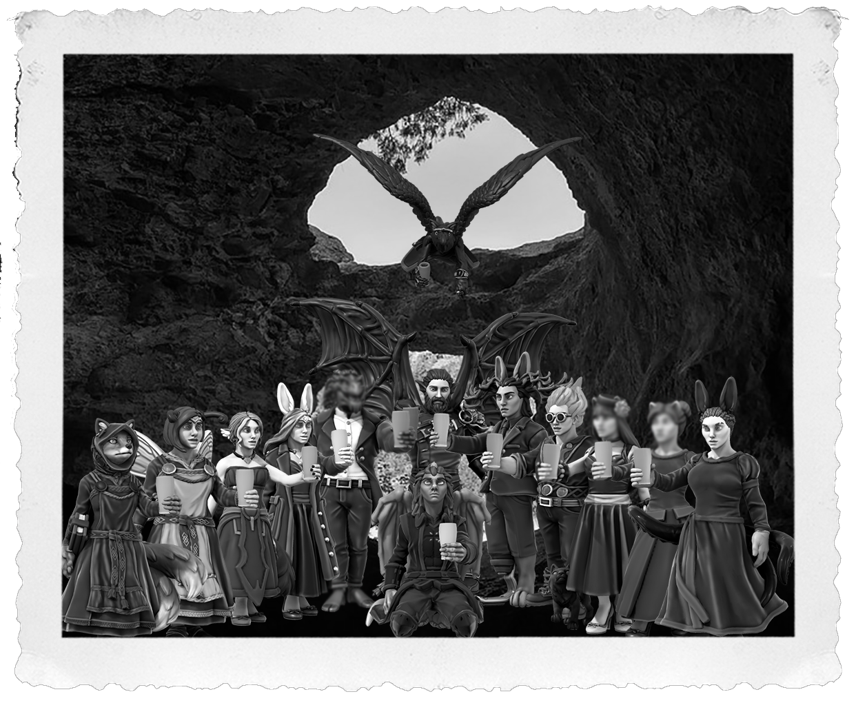Defenders of the Realm Funeral.png Numerous people raising a glass in a cave, including an anthropomorphic fox, a gryphon, and several people with bat wings or bunny ears.