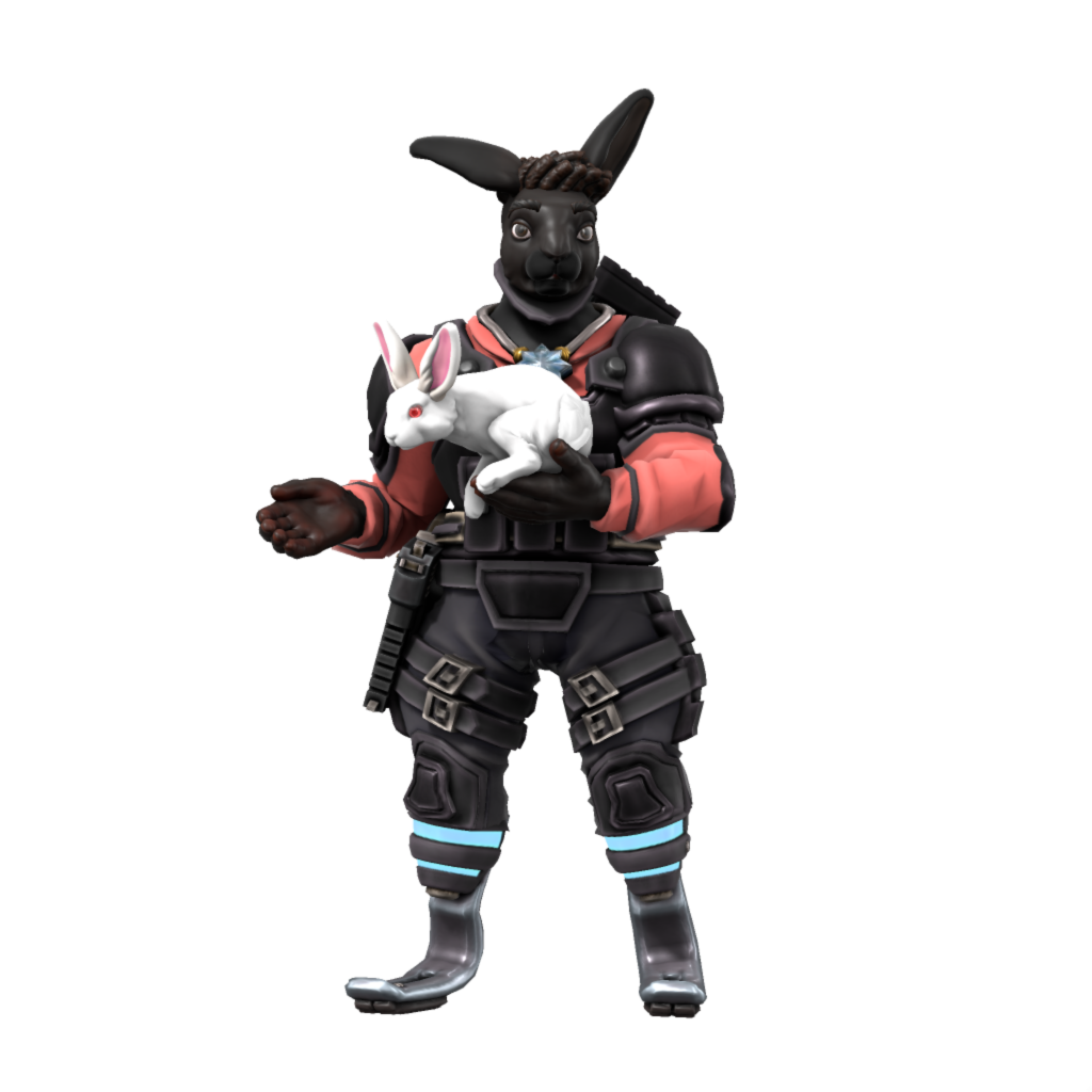 A very large anthropomorphic black rabbit in military gear, with a pink shirt, holding a squirming white rabbit