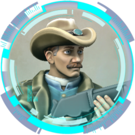 Portrait of a cowboy in a sci-fi frame, holding an old-fashioned rifle, with a greying moustache and a cowboy hat
