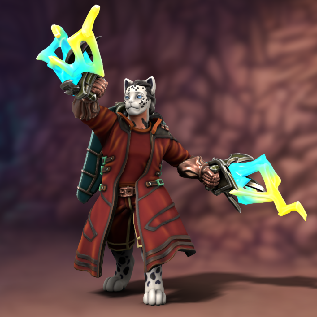 An anthropomorphic snow leopard in a red trenchcoat with lightning extending from metal claws in his hands, and metal wings on his back, against an underground backdrop