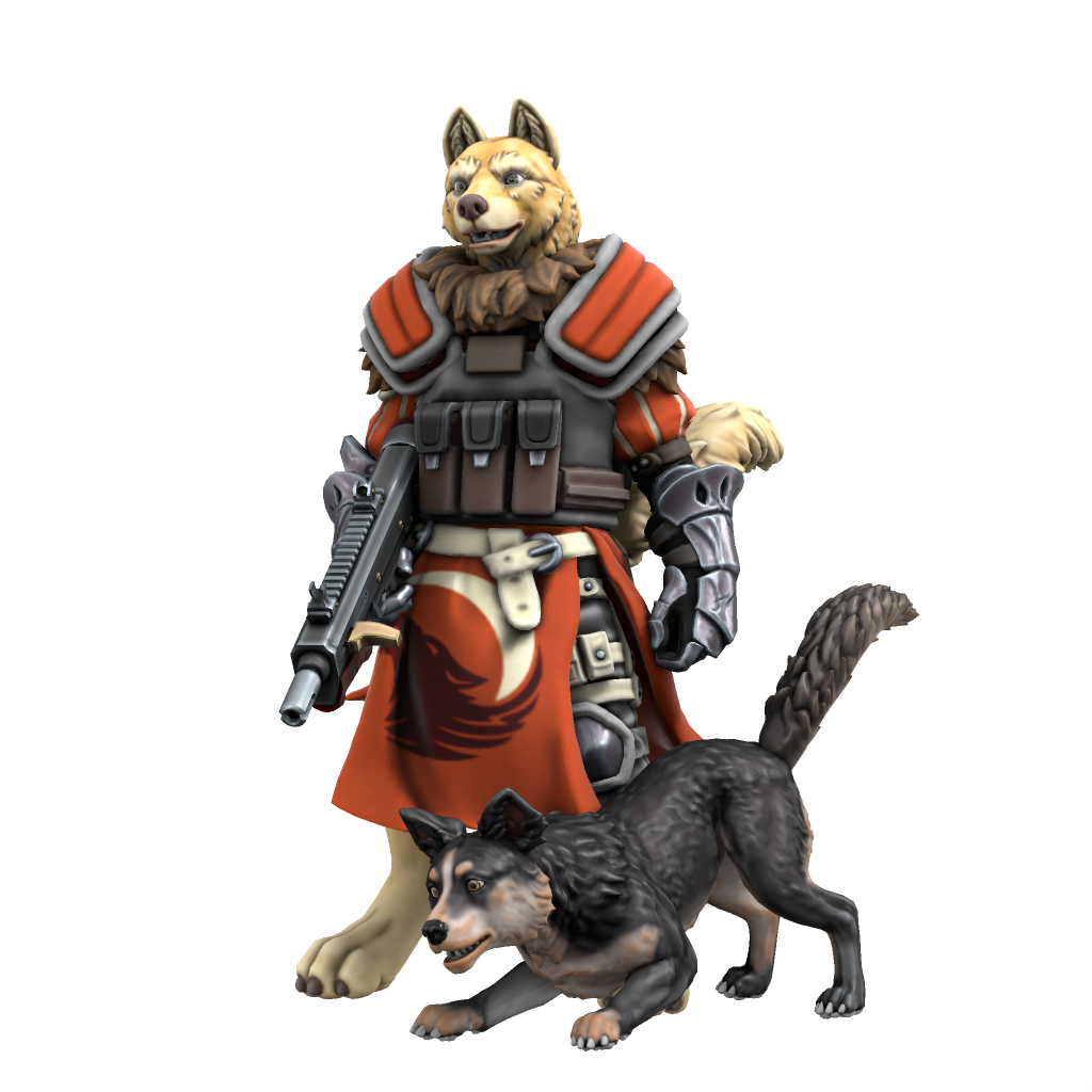 An anthropomorphic dog soldier with a doggo friend
