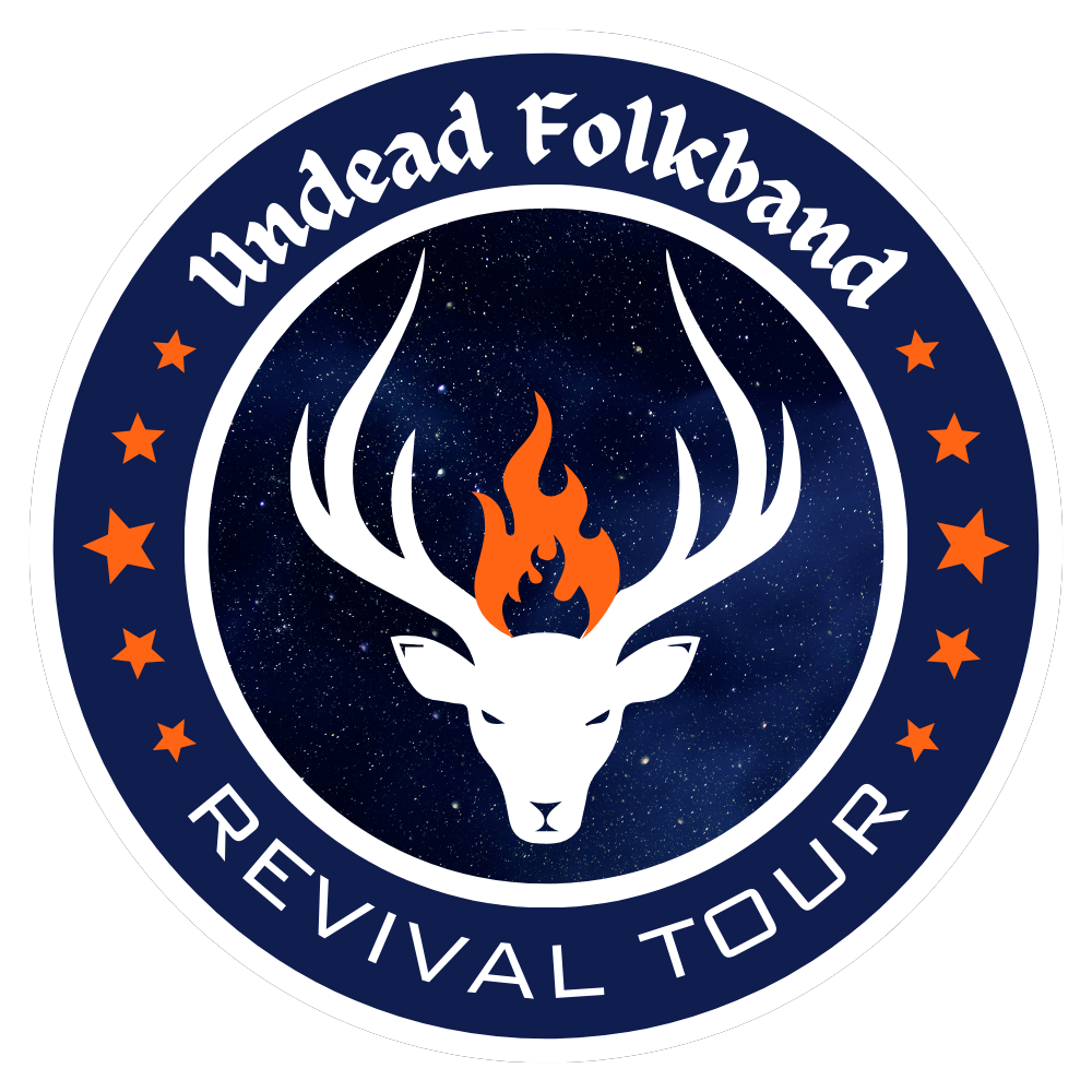 A circular logo, with a white deer head against a starry sky, with orange flames coming from the space between the antlers. Around the edge of the circle, in dark blue framing, orange stars on each side, and text, top and bottom, reading 
