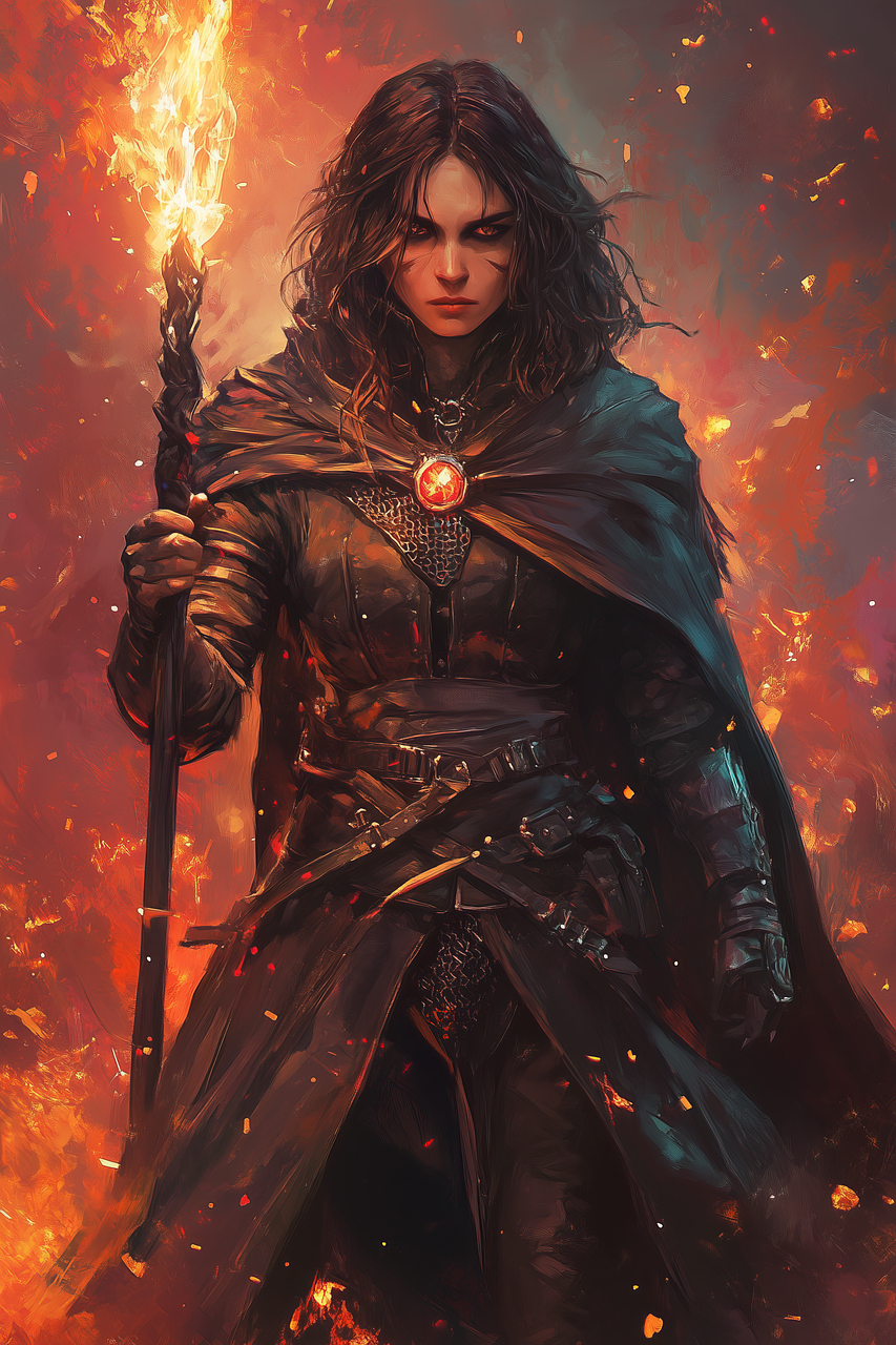 A warrior-sorceress ready for battle, holding a magical staff, among burning embers