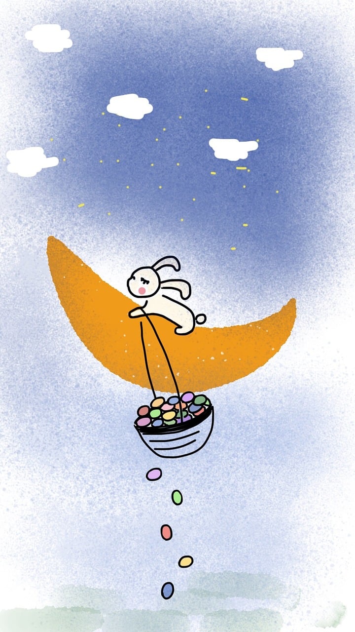 A cartoon rabbit laying on a crescent moon, with a basket distributing Easter eggs or rice cakes