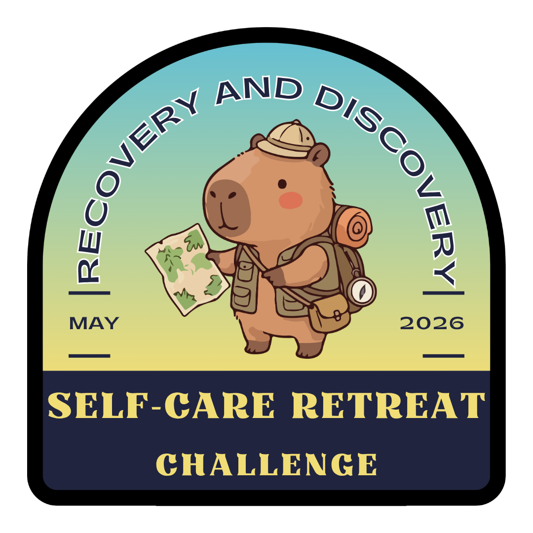 Self Care Retreat Challenge Badge with capybara holding a map, ready to discover new self care