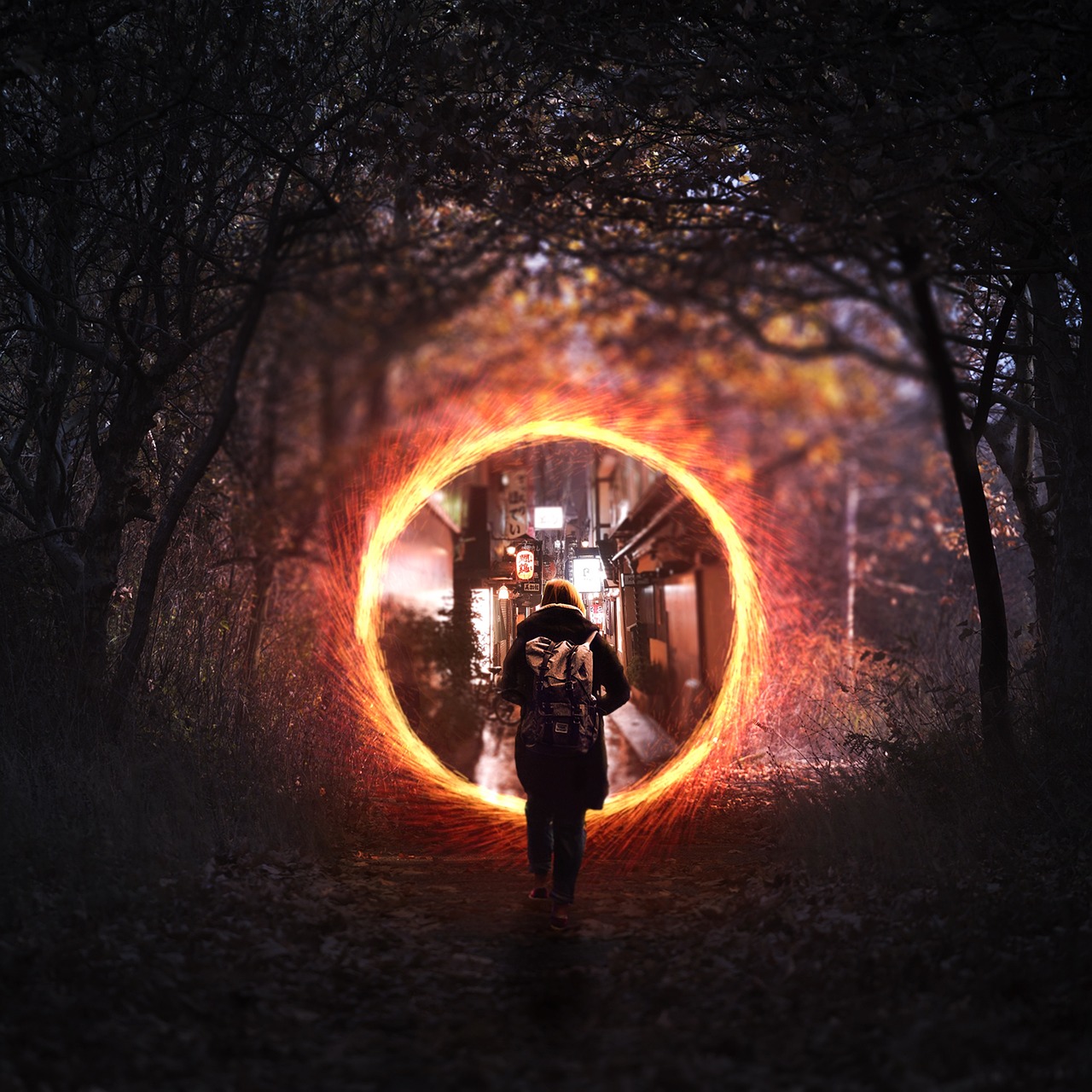 A man in a long coat in a forest, looking into a fiery portal that shows a city street on the other side