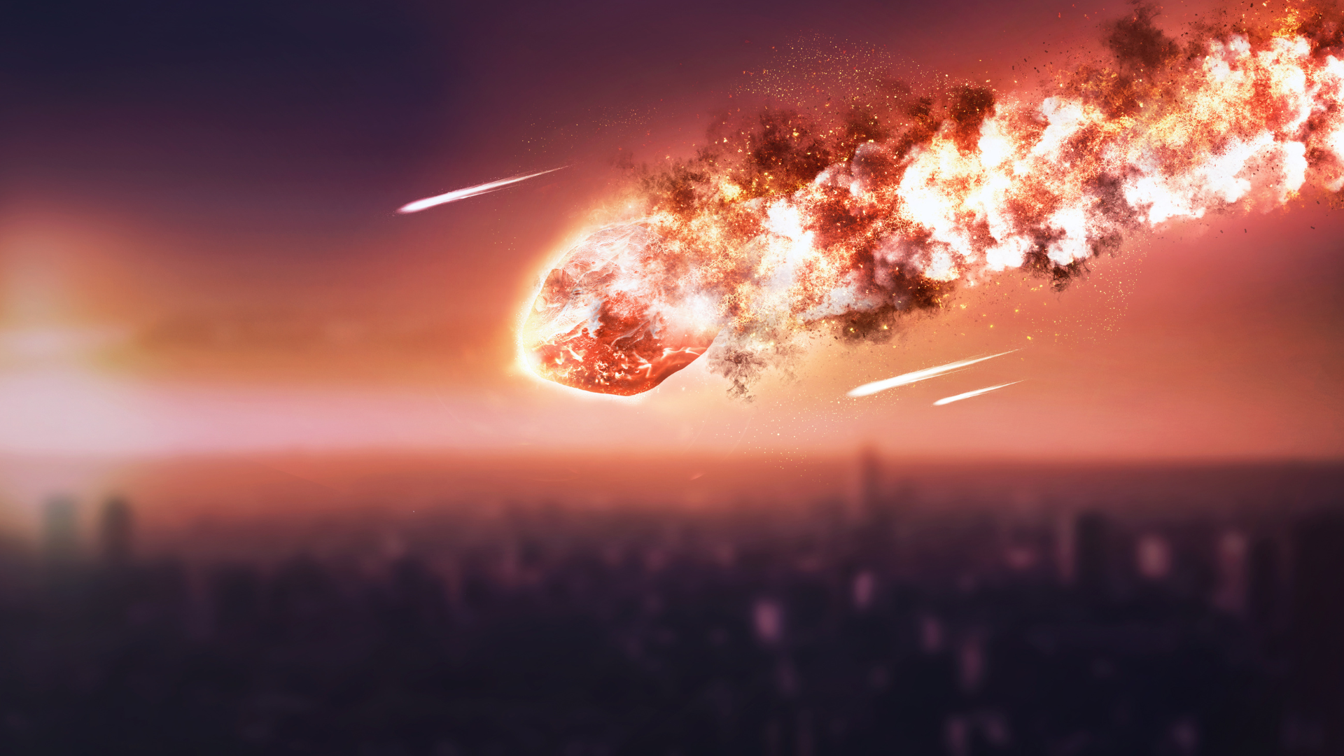 Fiercely burning meteors streak apocalyptically towards a city below
