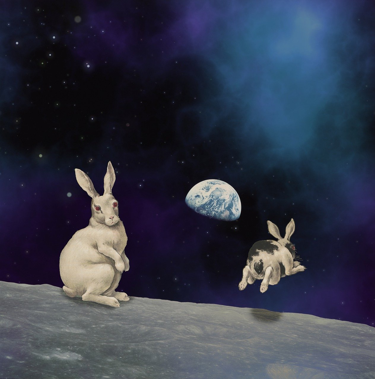 A white rabbit on the surface of the moon, sitting up on its hind legs, while a black and white spotted rabbit leaps off towards the earth
