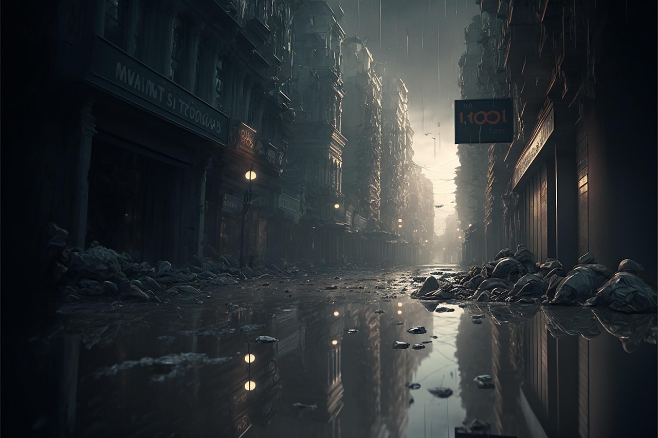 A city street which has been severely damaged by flood, still filled with rocks and debris