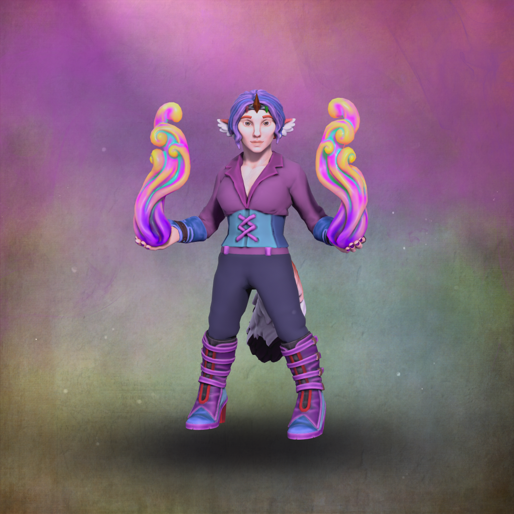 A young woman with purple hair, radiating magic from her palms and smiling, standing in a misty purplish background