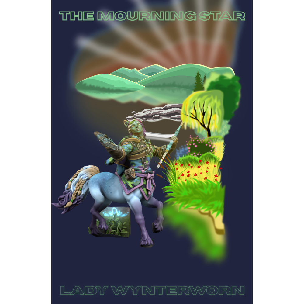 A poster of an aquatic centaur, carrying a book and a short spear, standing in a forest glen at sunset. Text: The Mourning Star, Lady Wynterworn