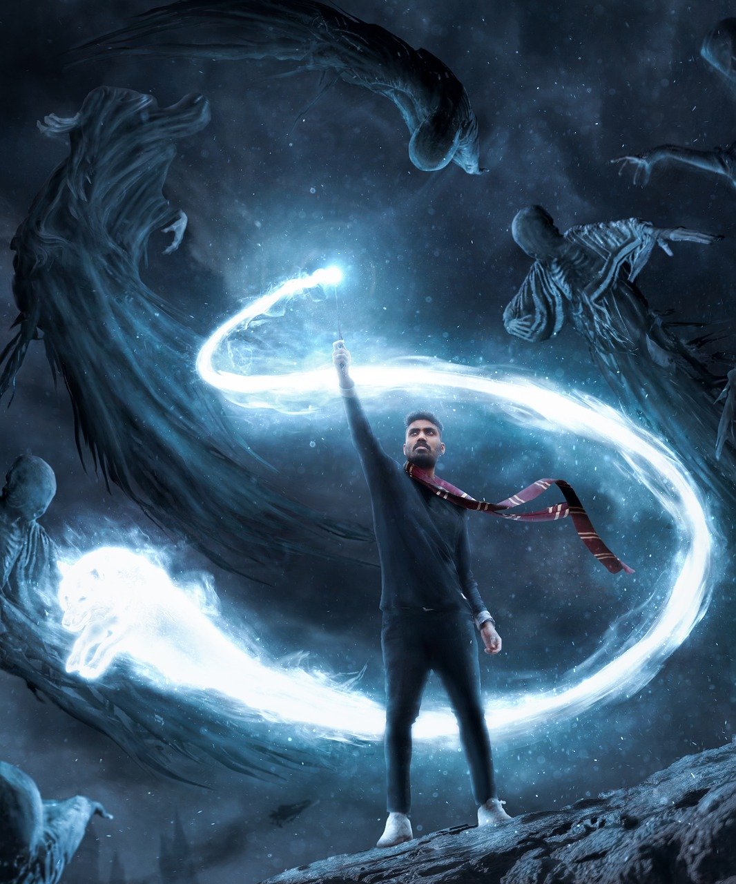 A man in modern clothes with a long scarf, raising a wand to the sky, surrounded by sinister looking spirits swirling around him in a dark cloud
