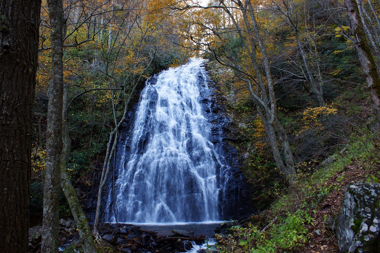 A spectacular blue waterfall in a deciduous forest in autumn, with the trees beginning to change colour
