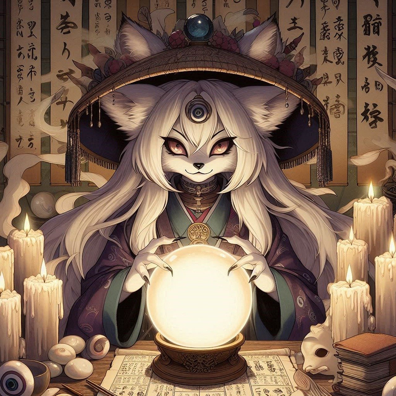A anime illustration of a white-furred kitsune, at a desk of candles and books, hovering over a glowing crystal ball