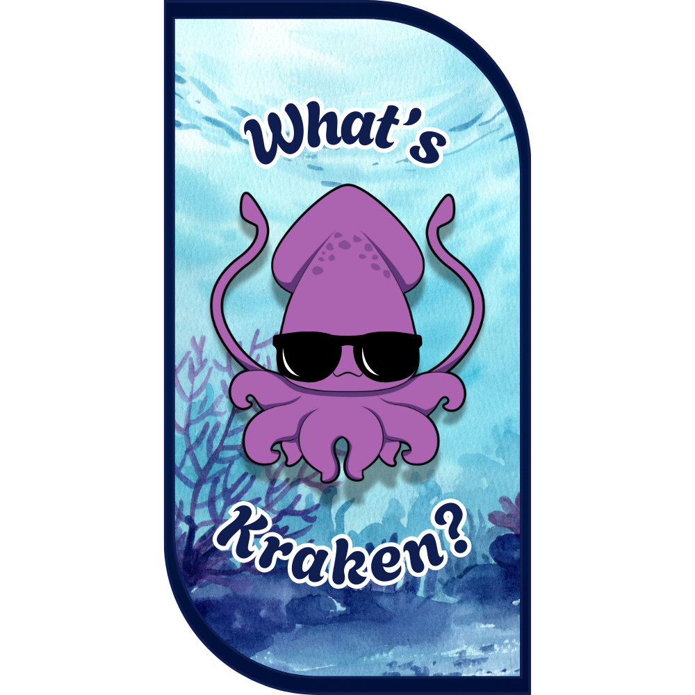 A smiling purple squid wearing sunglasses, floating underwater in a rectangular logo, with text: What's Kraken?