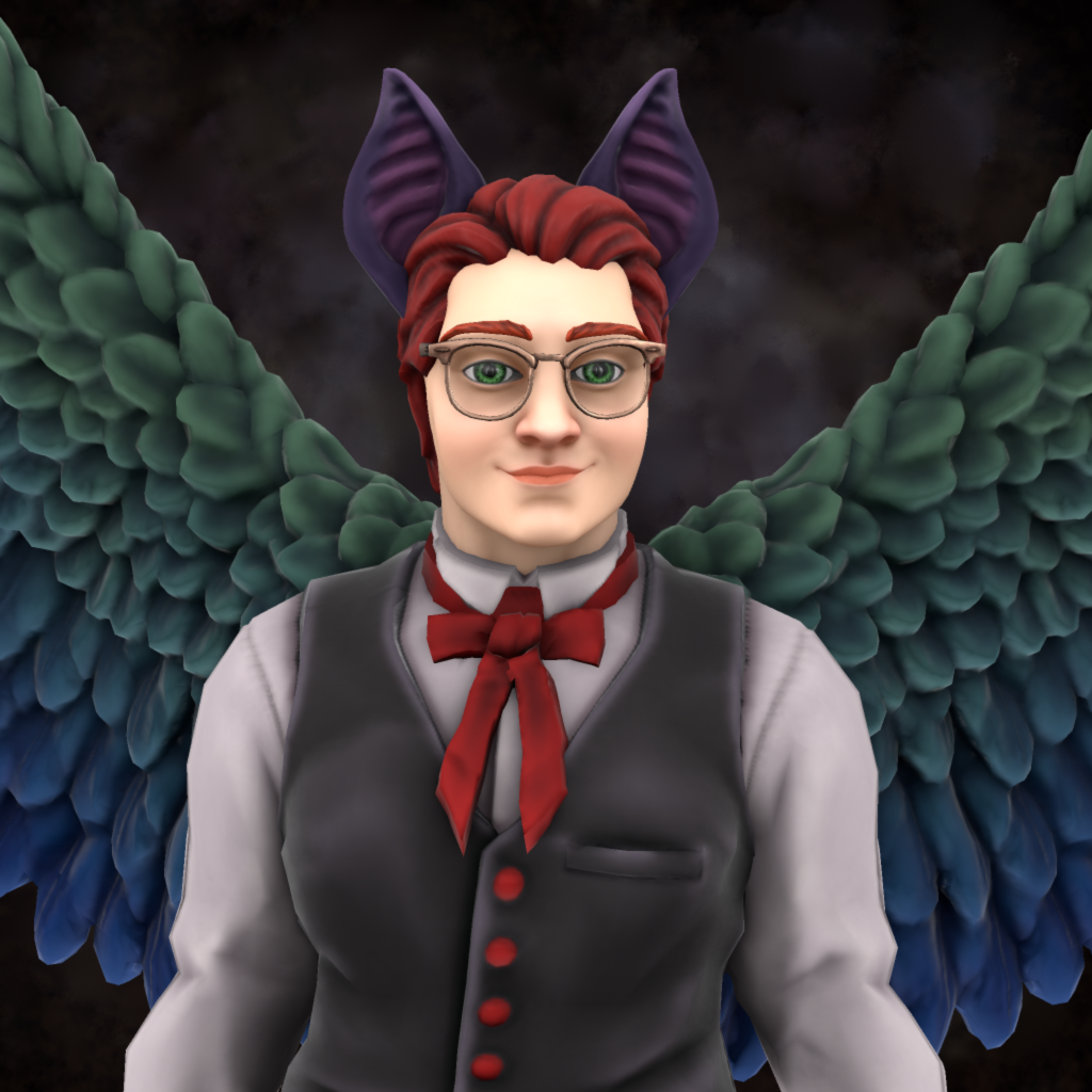 A red-haired man in glasses and a suit vest, with bird wings and bat ears