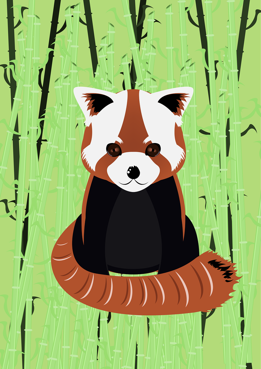 A painting of a cute red panda in a green bamboo forest