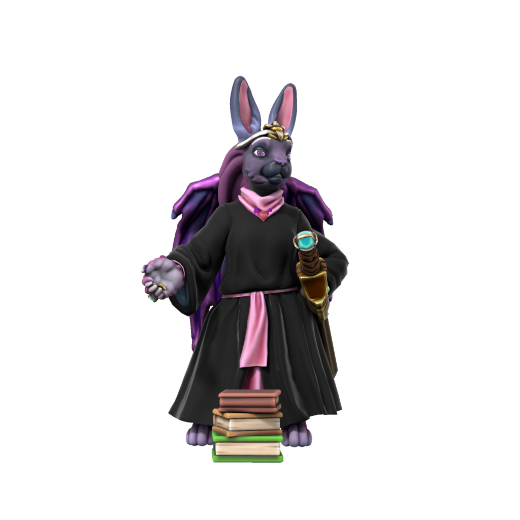 A purple anthropomorphic rabbit with dragon wings, wearing librarian robes and a sword, with a stack of books in front