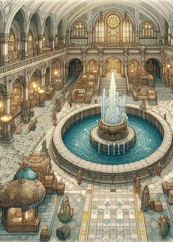 Fountain in the middle of a palatial train station.
