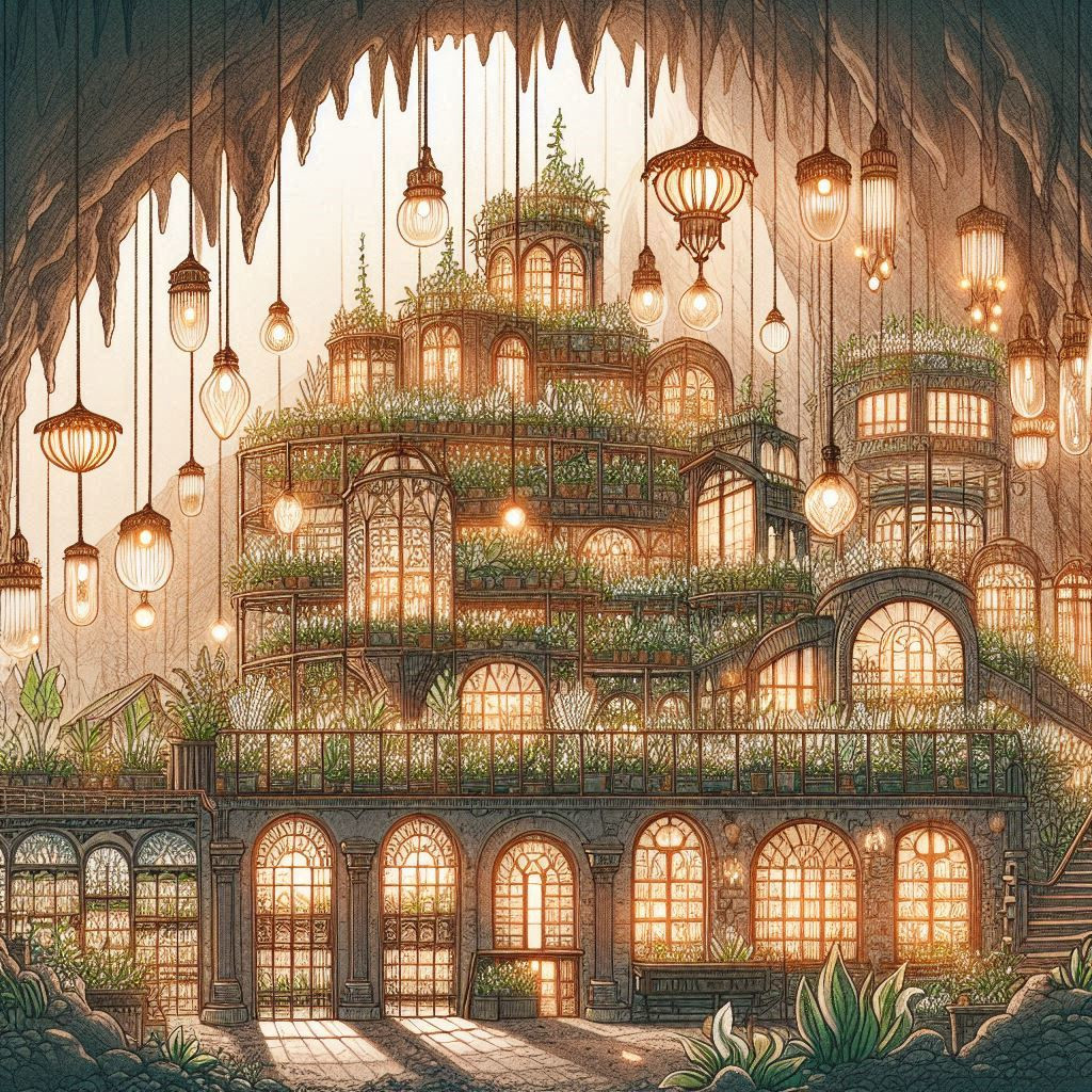 Greenhouse Art of a greenhouse, lit by many artificial sunlamps.