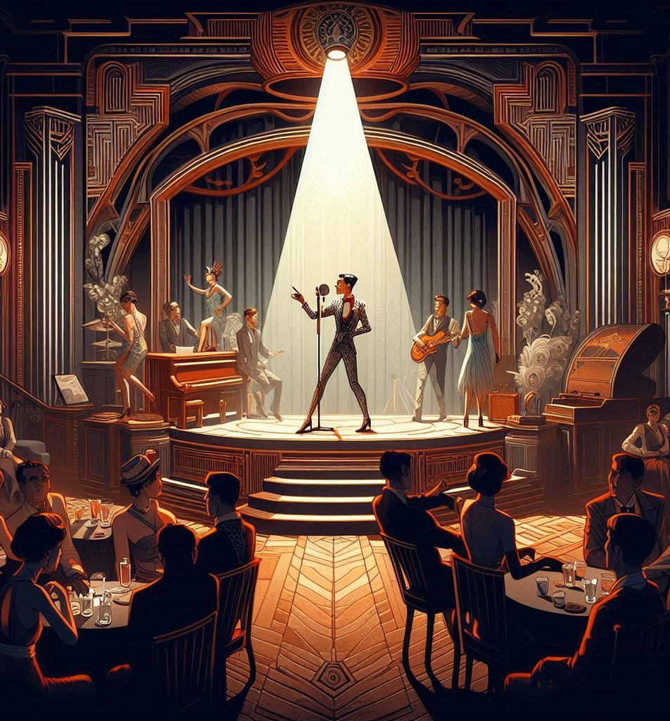 Inside of a fancy club, with a lounge singer wearing a suit and high heels up on stage.