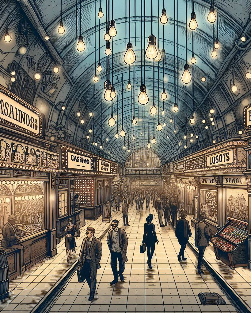 A subway station lined with casinos and storefronts. Lightbulbs hang from the ceiling to illuminate the space.