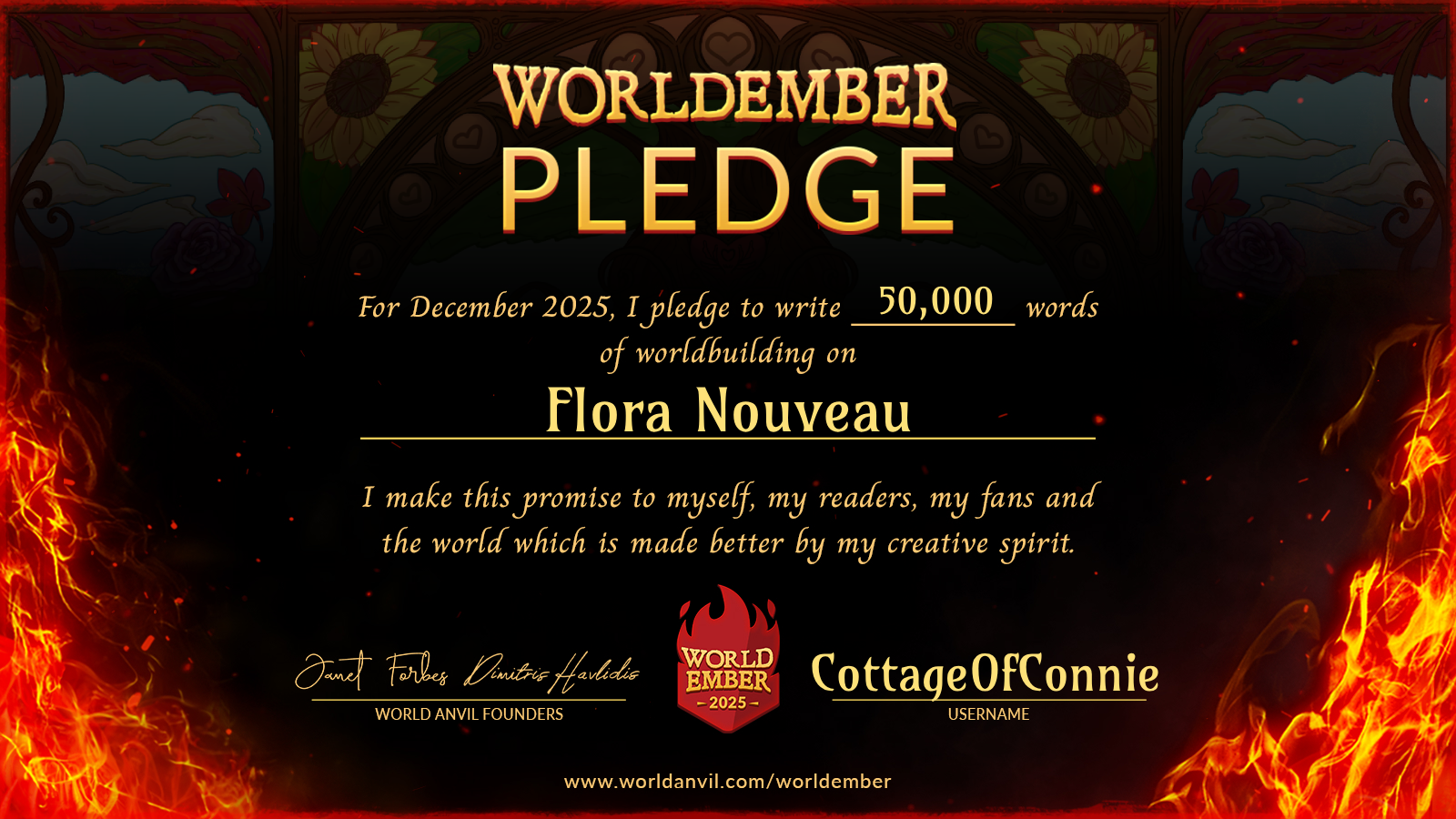 WorldAnvil's Pledge Certificate template with Flora Nouveau's Header Superimposed onto the top half. The title centered in the certificate reads