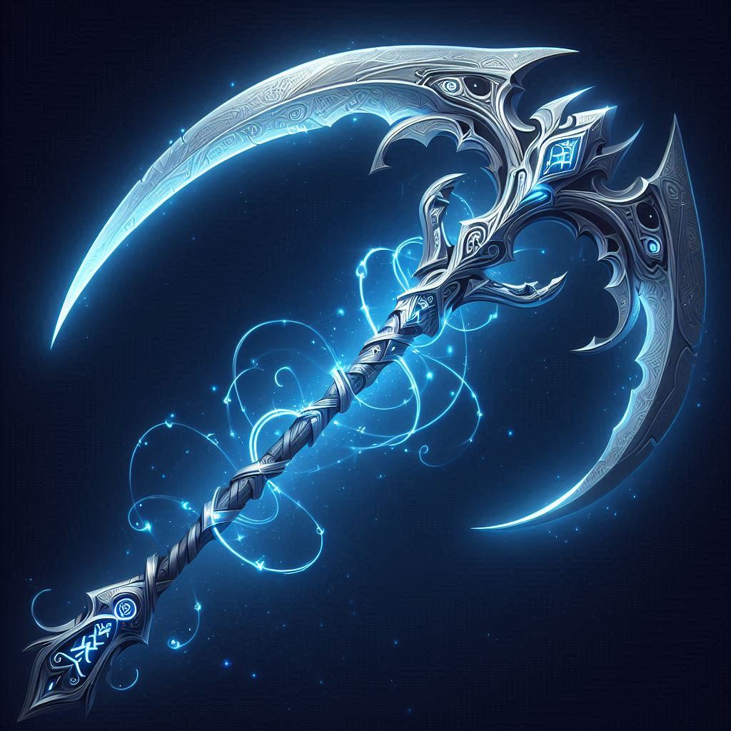A legendary scythe infused with the power of a magical staff. The scythe features a sleek silver blade with glowing runes, symbolizing its immense power and versatility. The staff-like handle is adorned with intrica.png