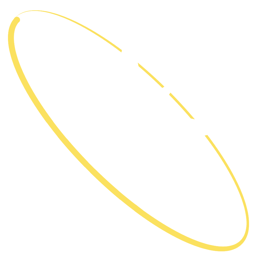 A white eight-pointed star encircled diagonally by a yellow orbit.