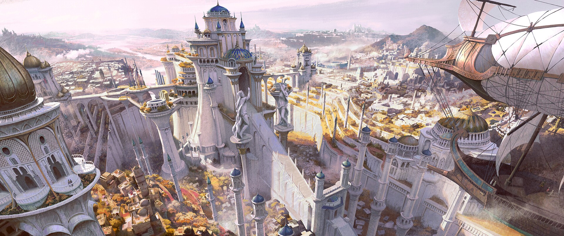 A shining white city of tall, shapely towers, plant-topped terraces, and soaring bridges. Two giant statues with uplifted arms flank a titanic stairway up to the central palace. An airship flies to the right of the image.