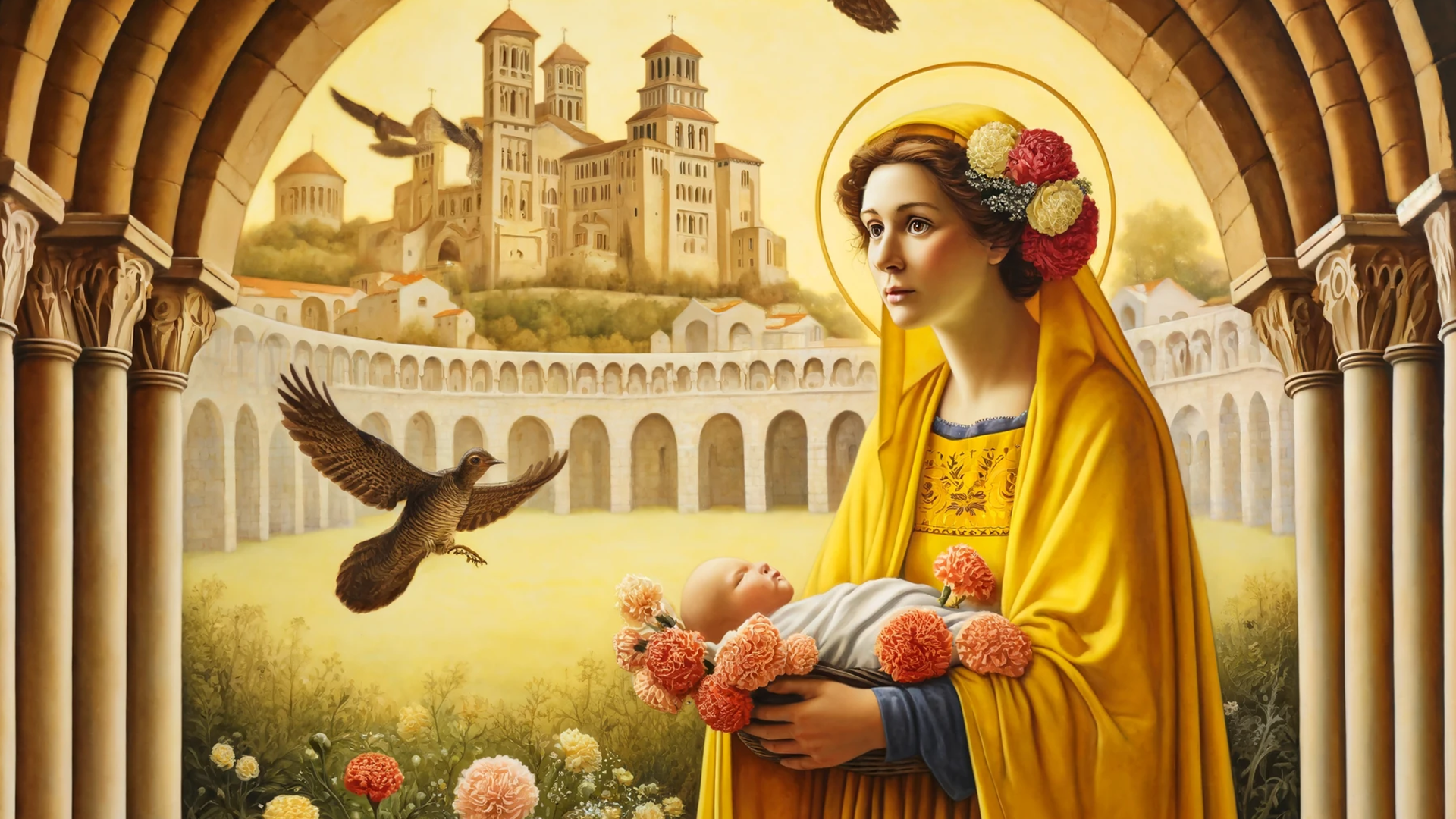 In 'Mother to All', Larimus stands in the circumvae garden at the monastic Temple of Larimus, in Maine, a city in north Peren. In her arms, she holds a baby that, as a midwife, she has helped bring into this world.