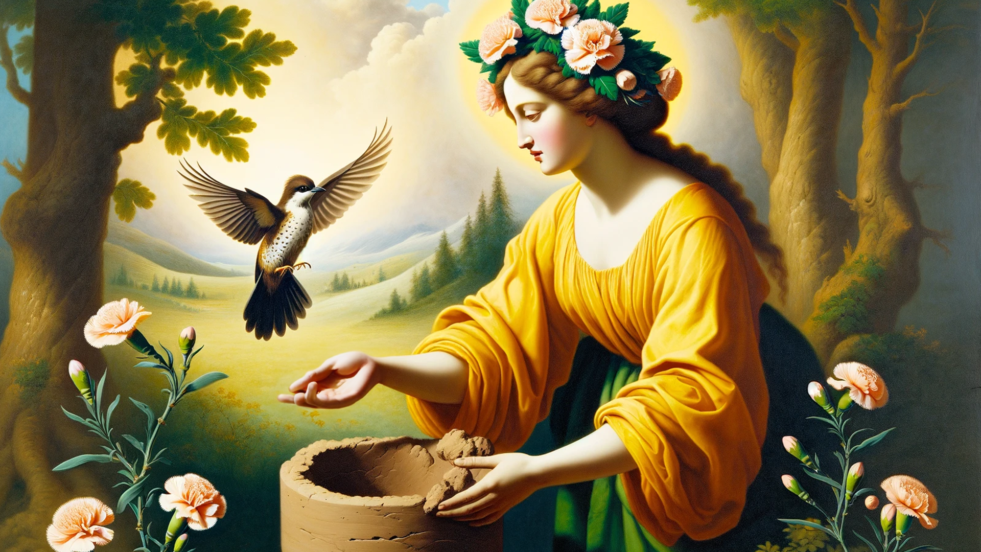 In 'Larimus Creates Man on Middengeard' Larimus is depicted forming the basis of man, with assistance from her cuckoo.