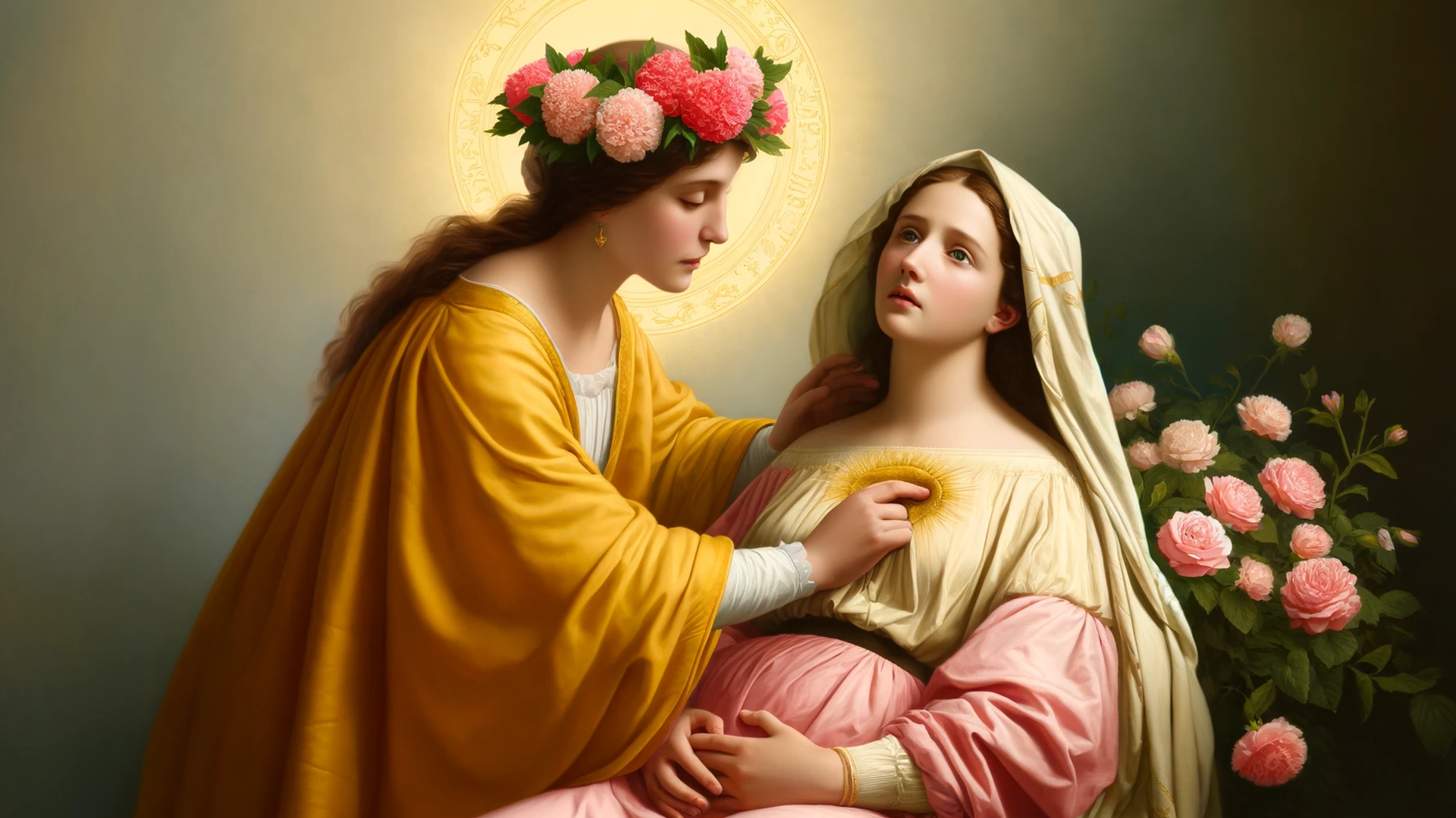 The Touch of Larimus captures the moment when Larimus calms an anxious noblewoman, who is soon to give birth, by placing a hand against her heart.