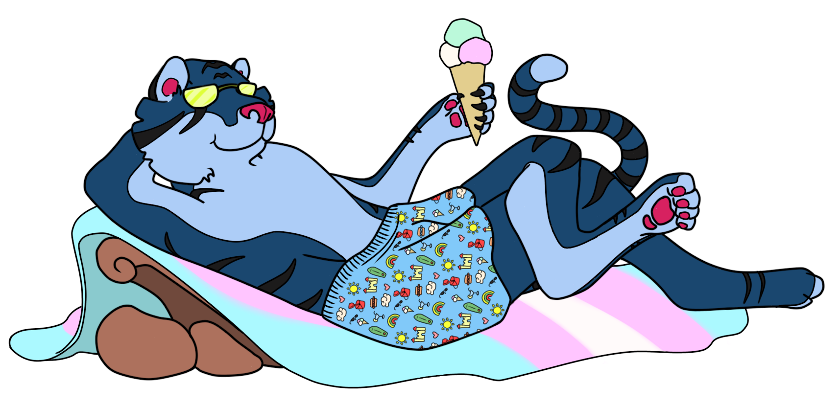 Kittymonster SC25Pride A blue anthropomorphic tiger lying on a trans-pride colored towel and holding an ice cream.