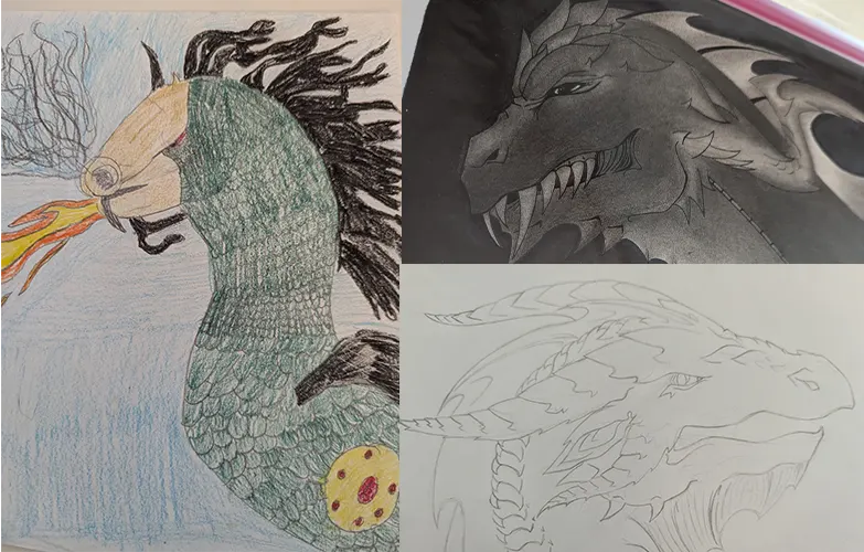 Practice Makes Perfect A couple of dragon drawings, showing off different skill levels.