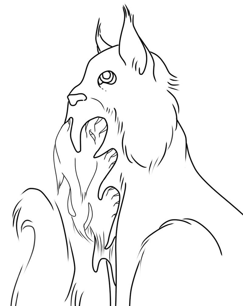 Lineart of a animal-mimicking alien holding prey in its maw.