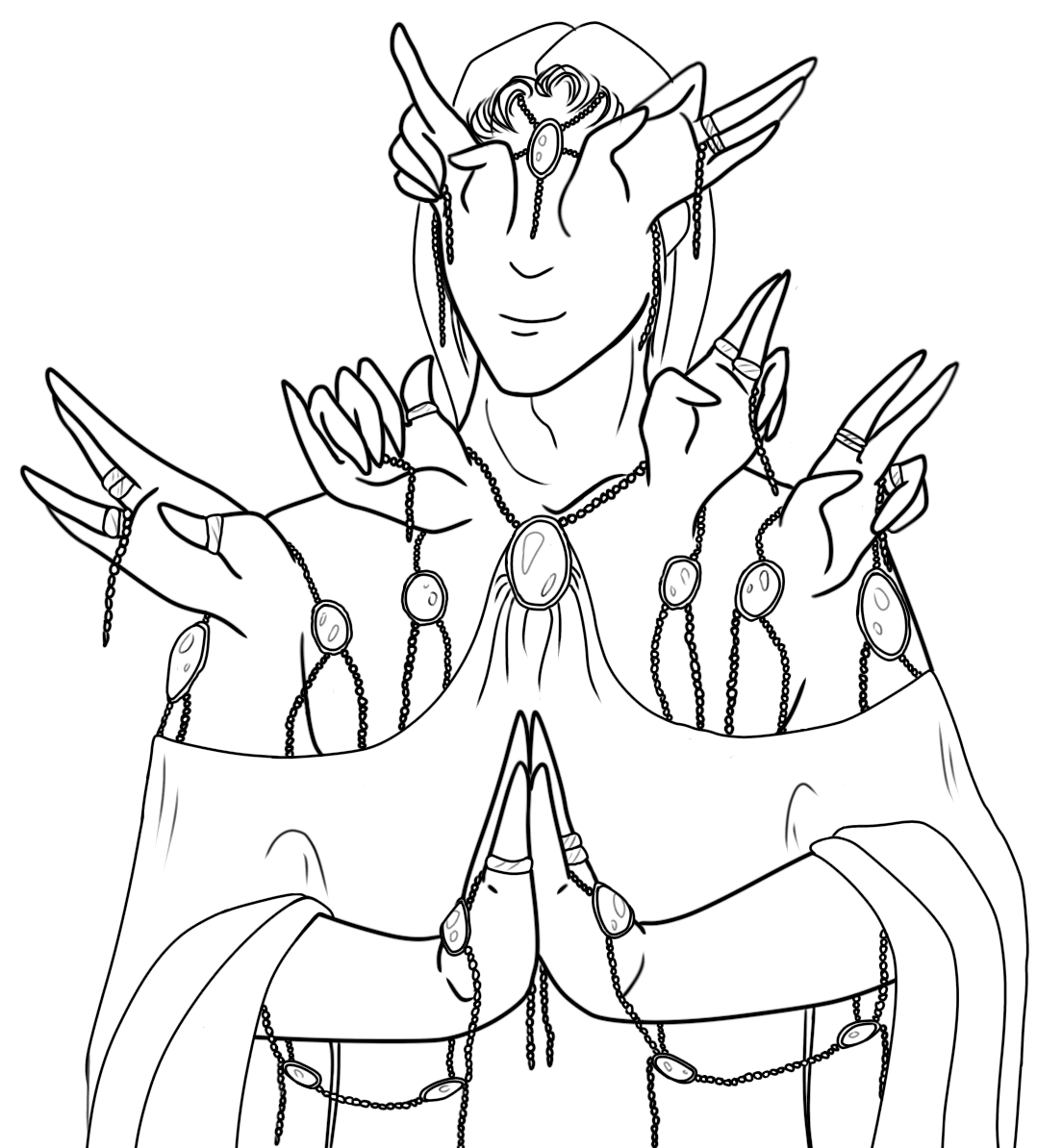 Portrait of a smiling person with several hands grafted onto their torso.