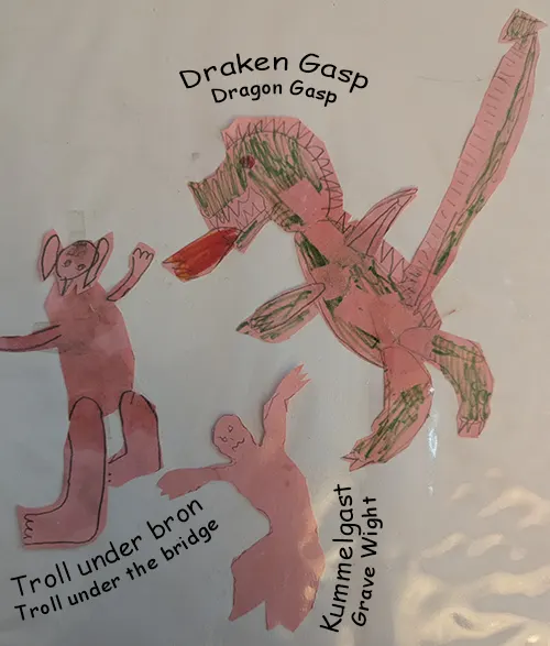 The Assistant GM's Creations A kid's drawings of a dragon, troll, and ghost.