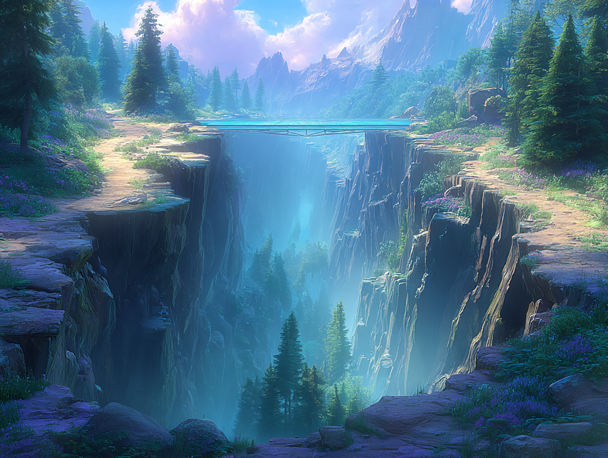 Shatterscale Rift AI Concept Shatterscale Rift hiking trail, looking at the glass bridge spanning the chasm.