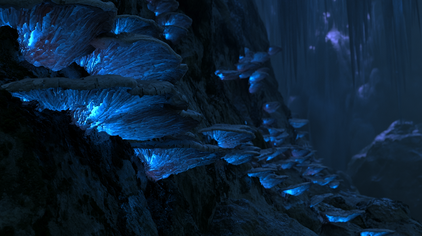 Brightgill AI Concept Brightgill mushrooms line a cavern wall — AI Concept