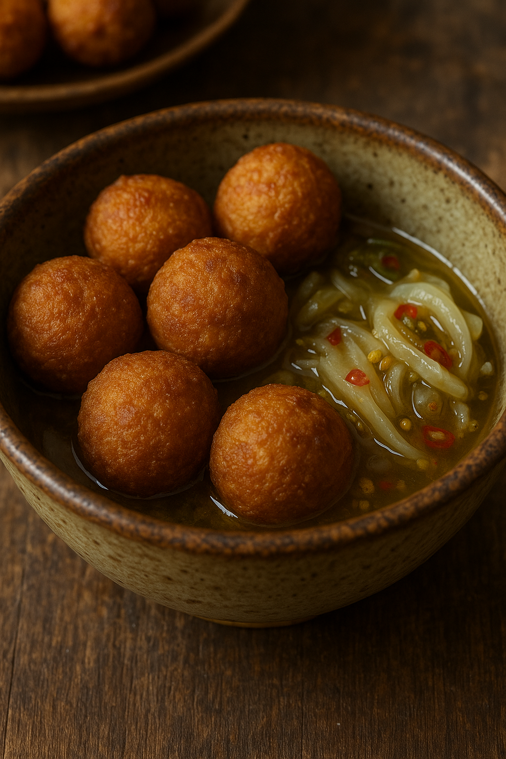 Karja Tal Street Vendor Style: Deep-fried into balls and dipped in spiced brine.